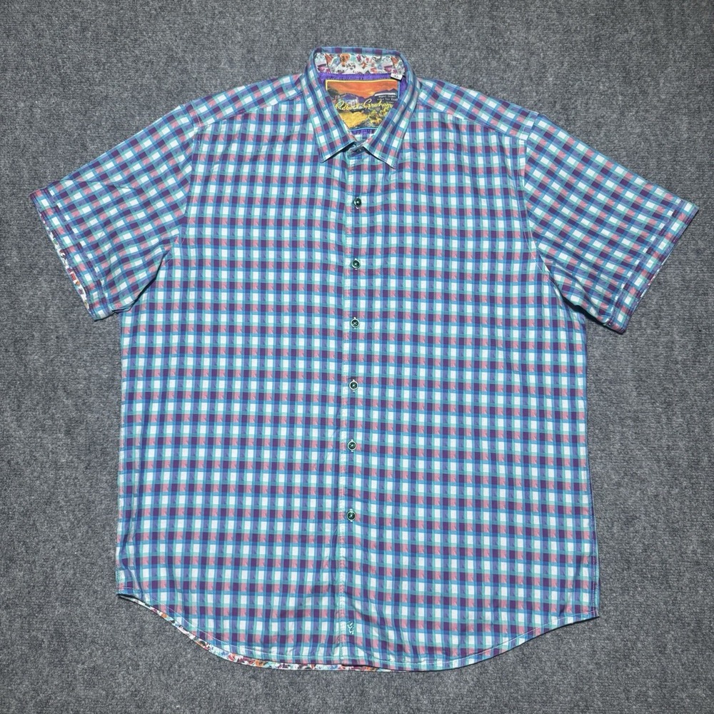 Robert Graham Short Sleeve Button Up Men XL Classic Fit Blue Plaid Flip Cuff